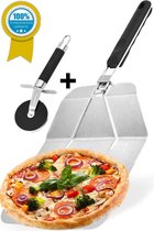 Pizzaschep RVS met Pizzasnijder - Inklapbaar en ophangbaar – Voor oven & BBQ Pizza’s - Spatel – Taartschep – Lengte 54cm