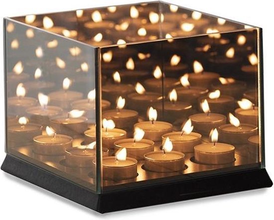 LIFA LIVING Kaarsenhouder - Waxinelichthouders - Zwart Glas - 9 Waxinelichtjes - Minimalistisch - Sfeervol - 20 x 20 x 15 cm