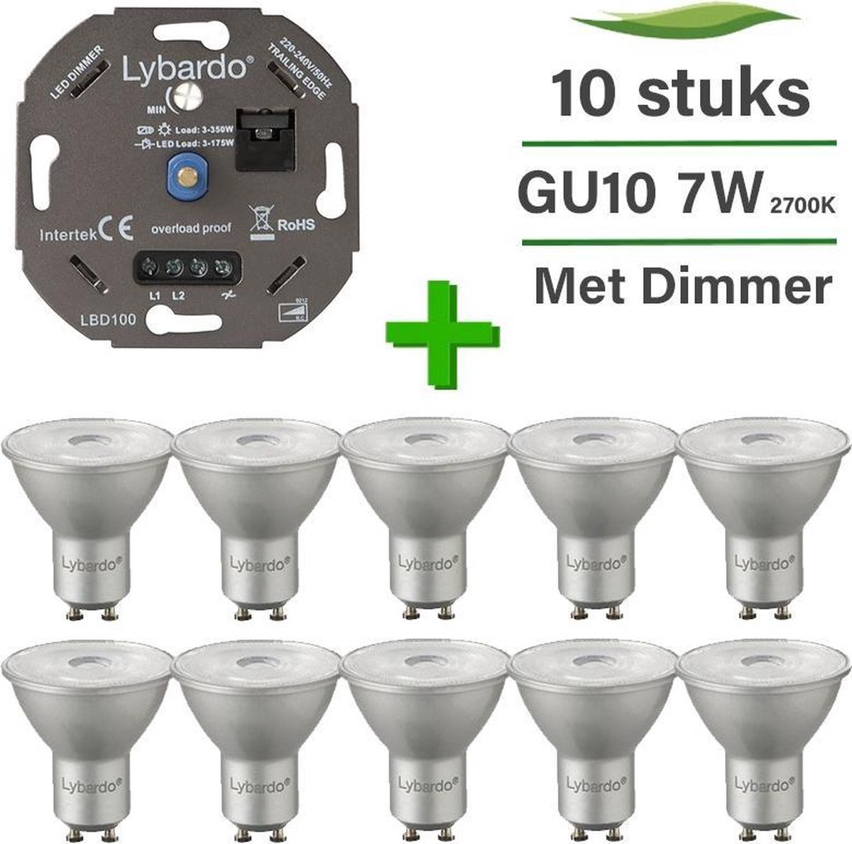 GU10 LED lamp - 10 pack - 4.9W - Dimbaar - Warm wit licht + LED dimmer 0-175W