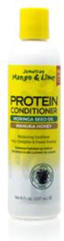 Witte fles met gele dop, etiket met 'Mango & Lime Protein Conditioner'.