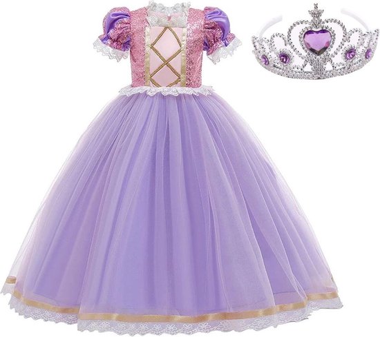 Prinsessen jurk paars roze Deluxe  verkleedjurk Luxe 110 -116 (120) + kroon verkleedkleding