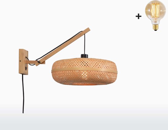 Wandlamp met Korte Arm - PALAWAN - Naturel Bamboe - Naturel Kap (40x15cm) - Met LED-lamp