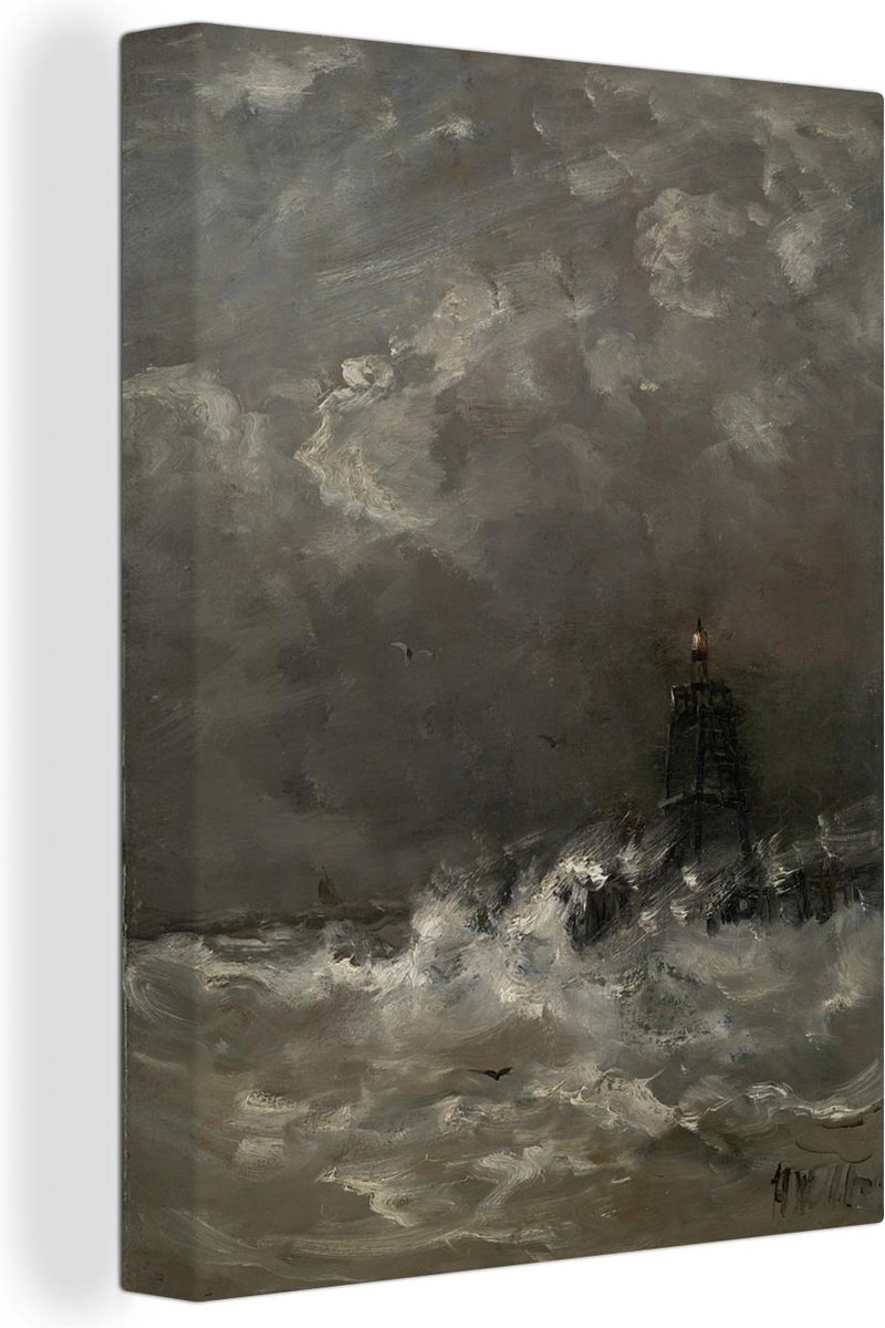 Canvas Schilderij Vuurtoren in de branding - Schilderij van Hendrik Willem Mesdag - 90x120 cm - Wanddecoratie - OneMillionCanvasses