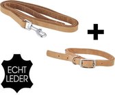 Set Leder/ leren honden riem +leren/ lederen Honden Halsband - Bruin - Riem 100 cm - Halsband 47 cm - Verstelbaar