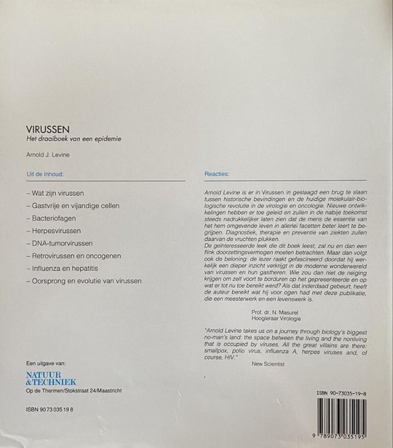 Virussen, het draaiboek van een epidemie. Achterflap met tekst, ISBN en barcode.