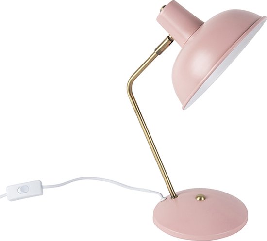 Lampe de bureau rose avec bras doré, base ronde et interrupteur marche/arrêt blanc.
