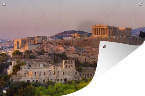Tuindecoratie Het Griekse Parthenon met een kleurrijke hemel - 60x40 cm - Tuinposter - Tuindoek