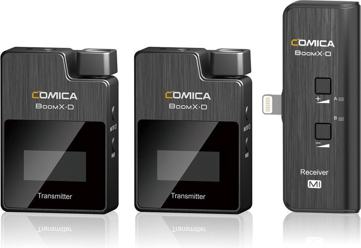 Comica BoomX-D MI2 draadloze microfoon-set voor iPhone en iPad — 2 zenders en Lightning-ontvanger — Dasspeld microfoon voor iPhone — Bereik tot 50 meter — Donkergrijs