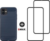 BMAX 2-pack iPhone 11 full cover glazen screenprotector incl. blauw carbon softcase hoesje