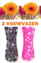 Vouwvazen.nl - Hoge vaas - Vaas - Vouwvaas - 2 Stuks - Zwart & Roze - Bloemetjes - Recht model - Plastic vouw vaas