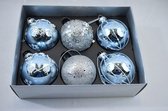 Kerstbal set 6 stuks zilver/blauw sterren: Ø 6 cm