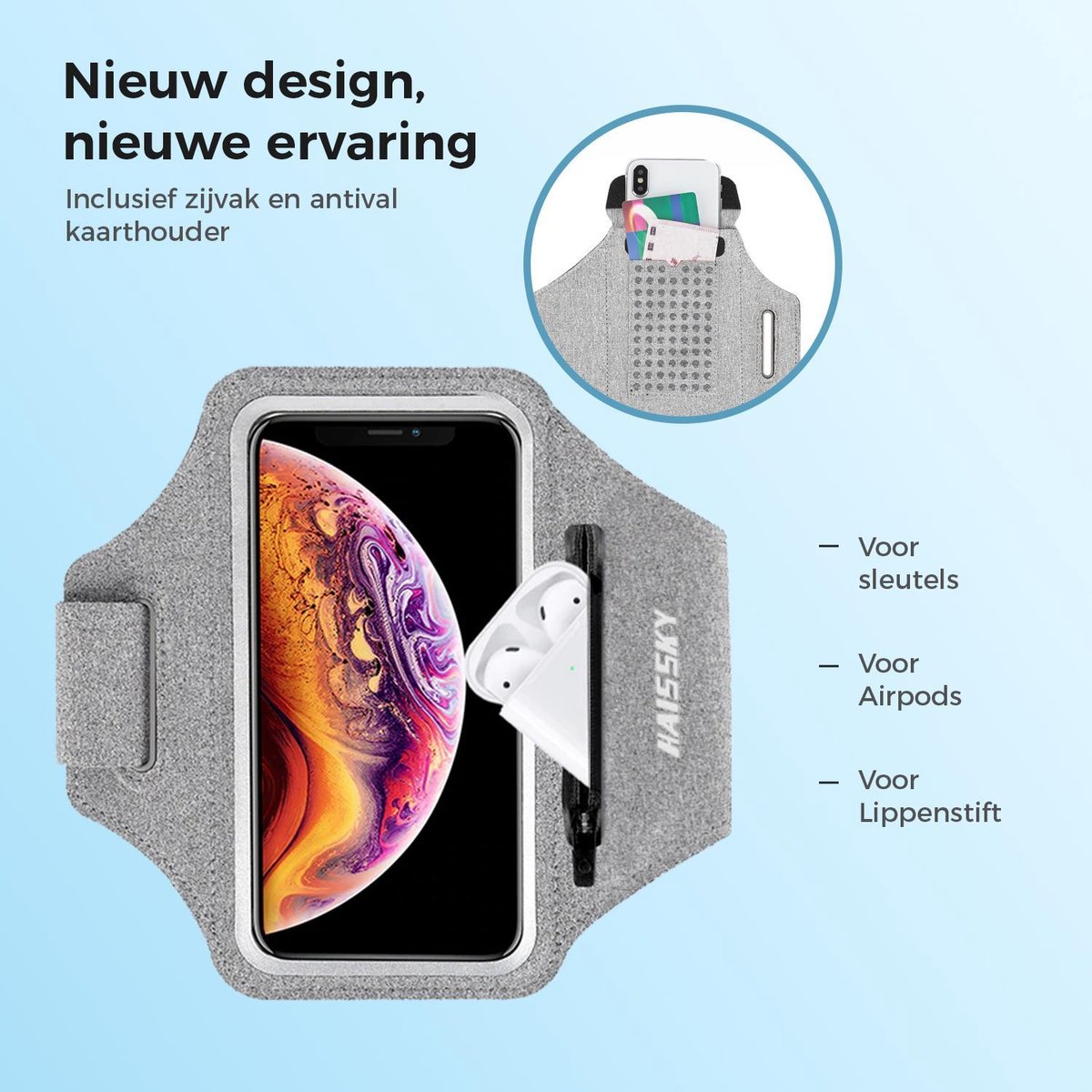 Luxe universele smartphone hardloop Armband / Sportband - Grijs - Ruimte voor pasjes, sleutels en oortjes / AirPods - Hardloopband Met Smartphone Houder / Geschikt voor alle telefoons tot 15,5 cm - Touchscreen armband - 100% Spatwaterdicht