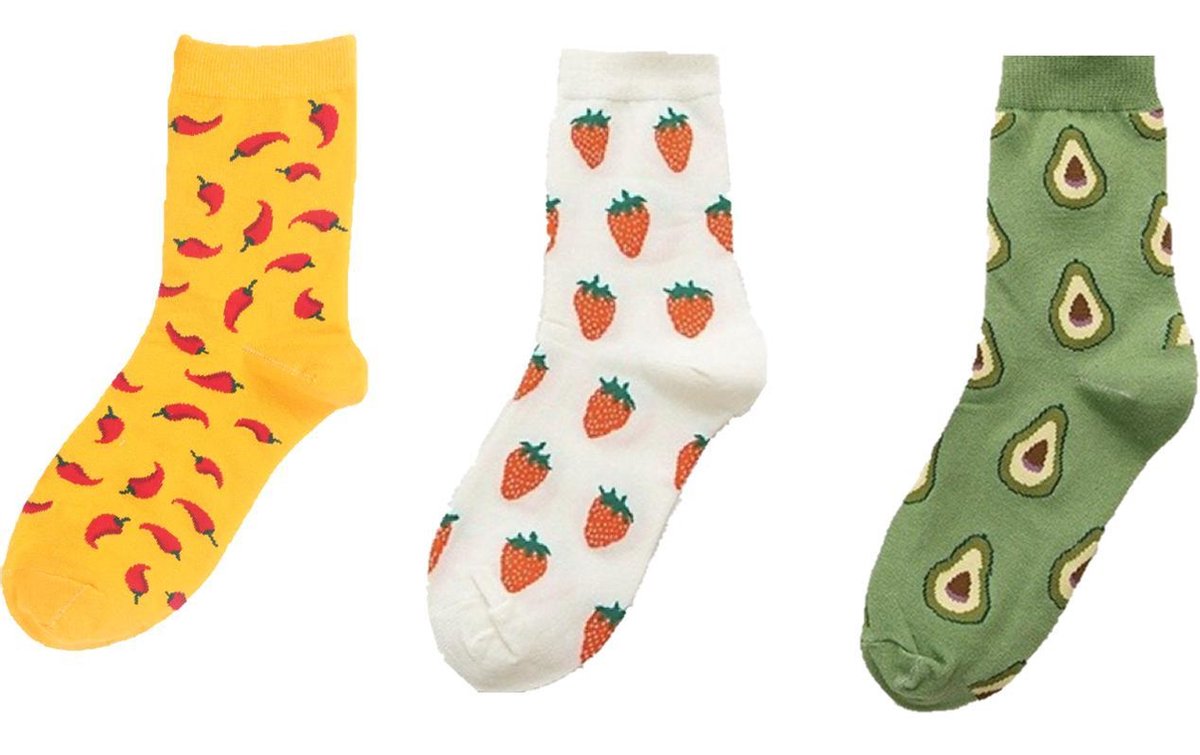 Binkie Socks Box | 3 paar Leuke Sokken Dames |Vrolijke avocado, pepertjes en aardbei sokken | Maat 39-42