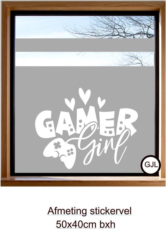 Raam Deur Muur sticker van een Gamer Girl - Meisjes - Meiden  - Computer - Spel - Spellen - Games - Decoratief -  Game Kleur  wit