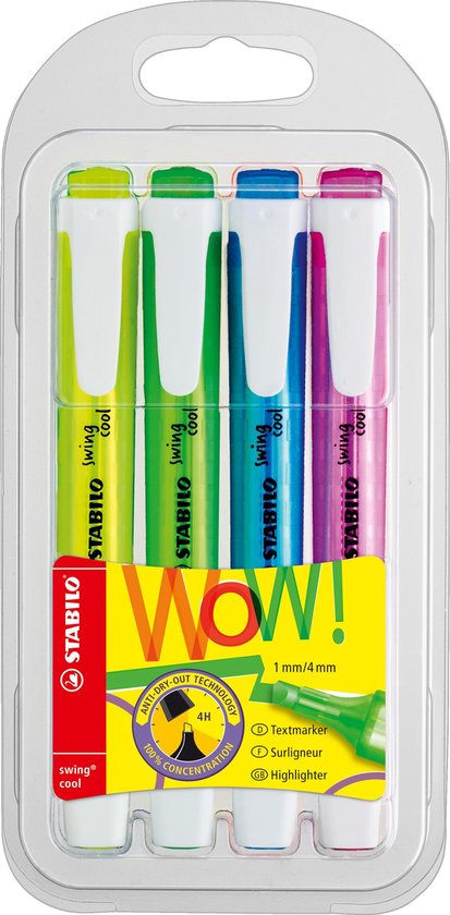 STABILO Swing Cool - Markeerstift - Perfect Voor Onderweg - Etui Met 4  Kleuren | bol.com