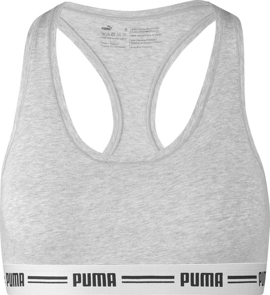 Grijze Puma sportbeha met Racerback-design, witte band met logo.