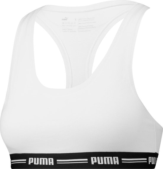 Wit Puma sportbh topje met zwarte band met Puma logo.