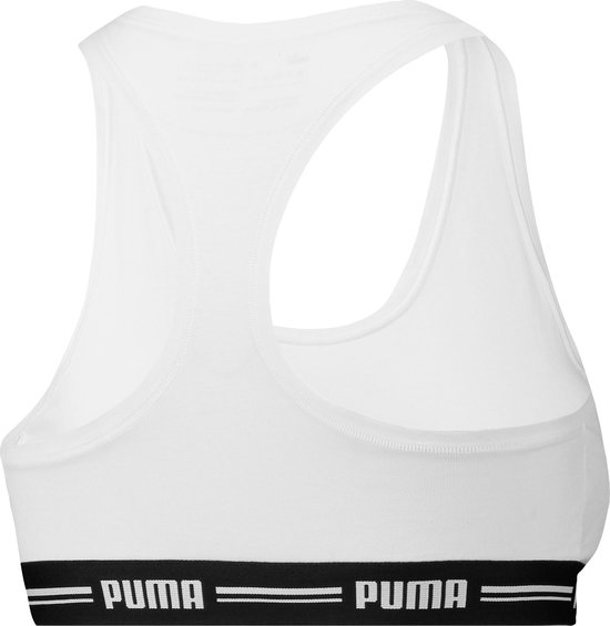 Wit Puma sportbh topje met zwarte band met Puma logo, achterkant.