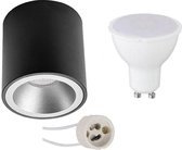Opbouwspot Set - Primux Cliron Pro - GU10 Fitting - Opbouw Rond - Mat Zwart/Zilver - 6W - Warm Wit 3000K - Verdiept - Ø90mm