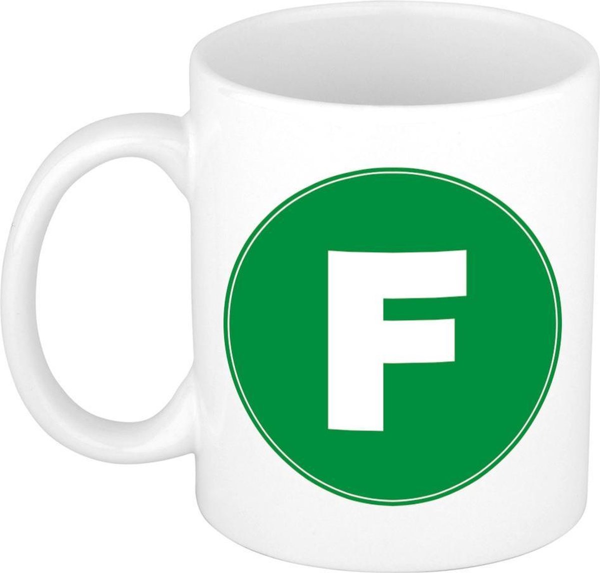 Mok / beker met de letter F groene bedrukking voor het maken van een naam / woord of team