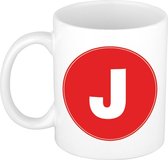 Mok / beker met de letter J rode bedrukking voor het maken van een naam / woord of team