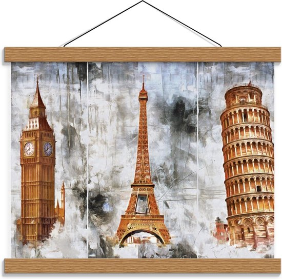 Schoolplaat – Big Ben, Eiffeltoren, Toren van Pisa - 40x30cm Foto op Textielposter (Wanddecoratie op Schoolplaat)
