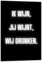 Dibond - Tekst: ''Ik Wijn, Jij Wijnt, WIj dronken'' Neon Letters Wit/Zwart - 60x90cm Foto op Aluminium (Wanddecoratie van metaal)