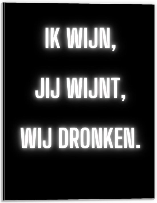 Dibond - Tekst: ''Ik Wijn, Jij Wijnt, WIj dronken'' Neon Letters Wit/Zwart - 30x40cm Foto op Aluminium (Met Ophangsysteem)