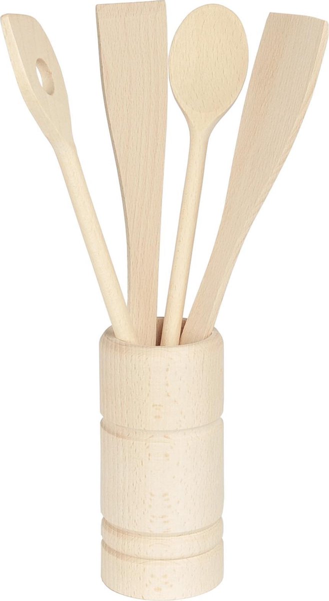Kitchen Tools Houder voor Kookhulpen met 4 Accessoires in duurzaam Beukenhout