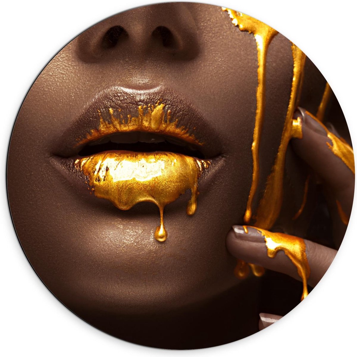 Dibond Wandcirkel - Gouden Verf op Gezicht - 70x70cm Foto op Aluminium Wandcirkel (met ophangsysteem)
