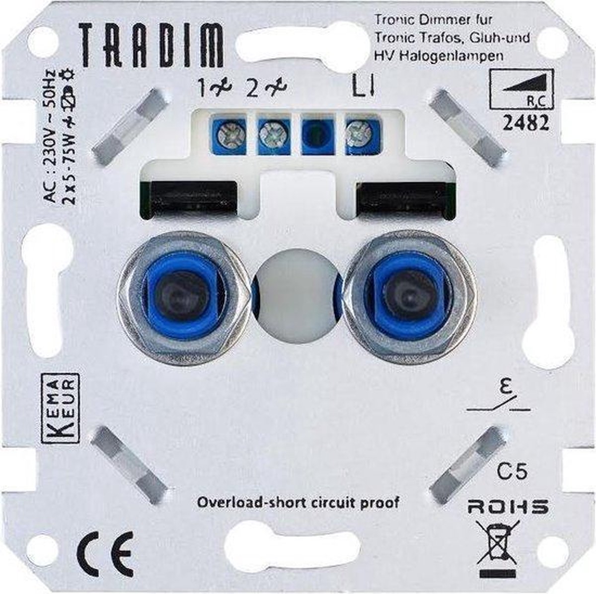 Tradim duo dimmer - 230V en 12 V halogeen met trafo - Tronic - 2x 5 tot 75 watt - Inbouw
