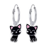 Joy|S - Zilveren kat poes oorbellen zwart oorringen