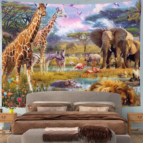 Ulticool - Safari Animaux Nature Girafe Elephant - Tapisserie - 200x150 cm - Groot tapisserie - Affiche