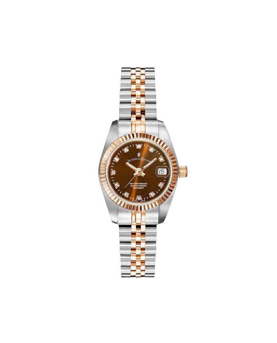 Jacques du Manoir Mini Rosegold Silver Brown - Dameshorloge - NRO.26 - Swiss Made - RVS horlogeband - 26 MM
