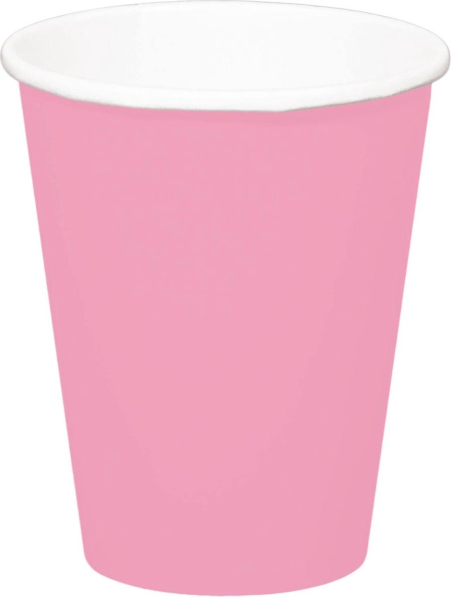 32x stuks drinkbekers van papier roze 350 ml - Uni kleuren thema voor verjaardag of feestje