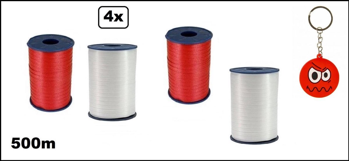 4x Krullint rood/wit 5mmx500meter + sleutelhanger smiley| merk Cotton blue |krullint | krul lint kerst thema feest decoratie kado krul lint.