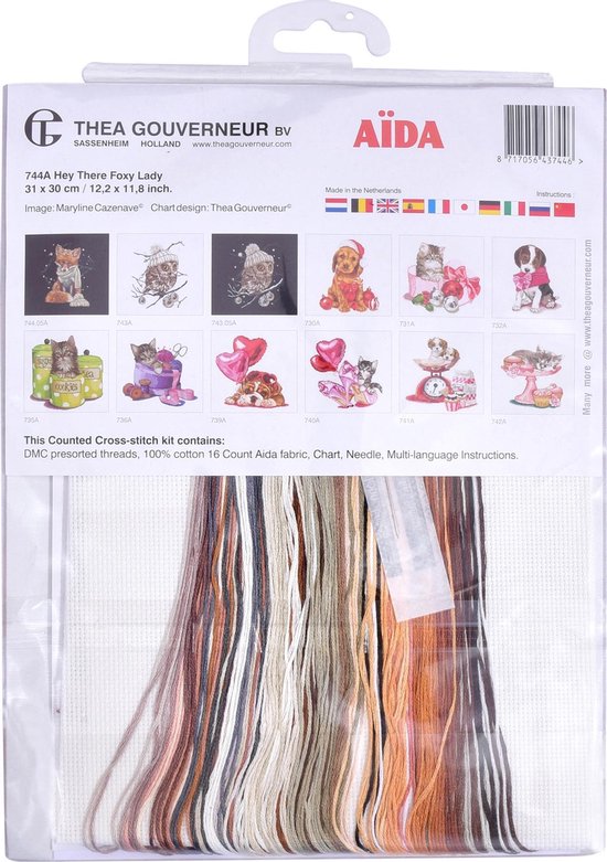 Thea Gouverneur - Borduurpakket met telpatroon - 744A - Voorgesorteerde DMC Garens - Hey There Foxy Lady - Aida - 31 cm x 30 cm - DIY Kit - Thea Gouverneur