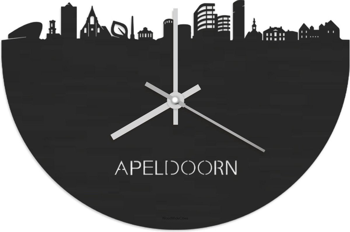 Skyline Klok Apeldoorn Zwart hout - Ø 40 cm - Stil uurwerk - Wanddecoratie - Meer steden beschikbaar - Woonkamer idee - Woondecoratie - City Art - Steden kunst - Cadeau voor hem - Cadeau voor haar - Jubileum - Trouwerij - Housewarming -