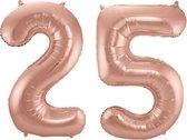 Folie ballon cijfer 25 jaar – 80 cm hoog – Rosé Goud - met gratis rietje – Feestversiering – Verjaardag – Bruiloft