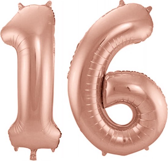 Folie ballon cijfer 16 jaar – 80 cm hoog – Rose goud – Sweet Sixteen - met gratis rietje - Feestversiering