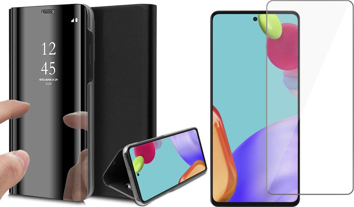 Hoesje geschikt voor Samsung Galaxy A52 - Spiegel Book Case - Zwart - Met Screenprotector
