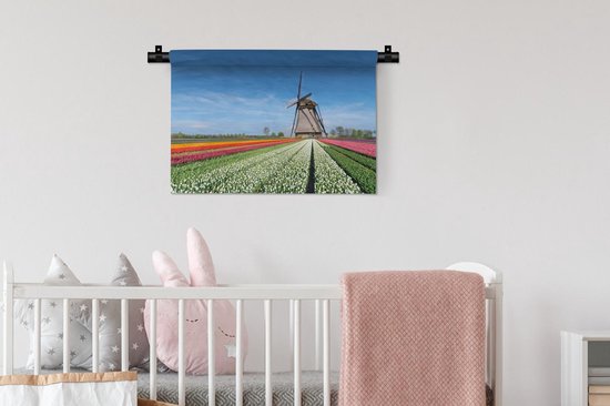 Tenture murale Paysages Nederland - Moulin à vent entre les tulipes aux Nederland Tapisserie coton 60x40 cm - Tapisserie murale avec photo