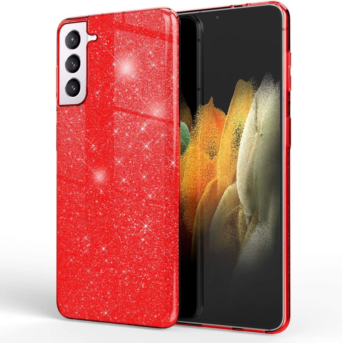 HB Hoesje Geschikt voor Samsung Galaxy S21 Plus - Rood - Glitter Back Cover