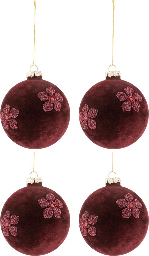 J-Line Doos Van 4 Kerstballen Bloemen Fluweel Glas Burgundy Medium