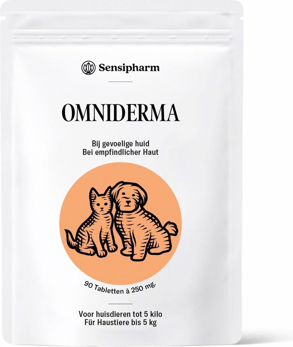 Sensipharm Omniderma voor Kat, Hondje, Cavia, Konijn - Voedingssupplement voor Huid en Vacht, bij Jeuk, Eczeem & Hotspot - 90 Tabletten à 250 mg - Sensipharm