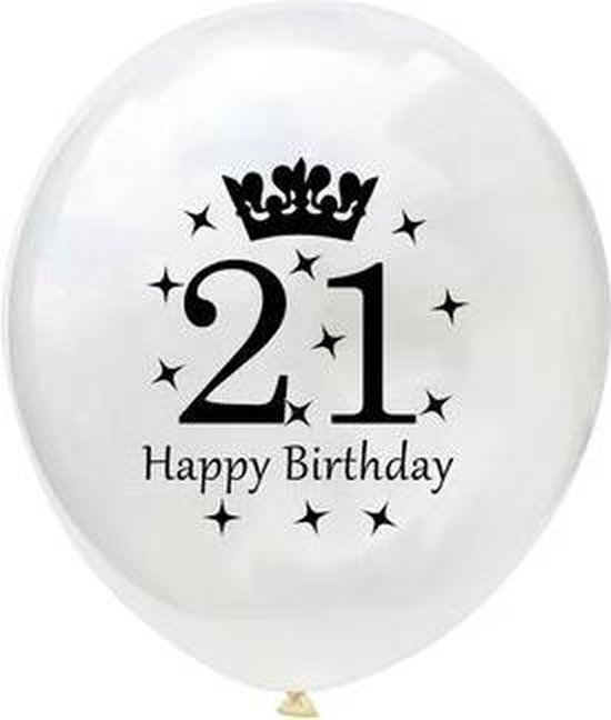 JDBOS ® 10 ballonnen (wit) met zwarte opdruk 21 jaar verjaardag
