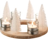 J-Line T-Lichthouder Kerst Rond Hout/Metaal Naturel/Wit/Zilver Set van 2 stuks