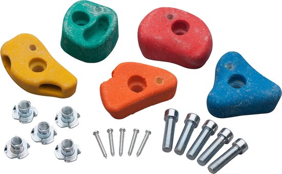Set van vijf kleurrijke klimstenen (rood, groen, blauw, oranje, geel) met bevestigingsmateriaal.