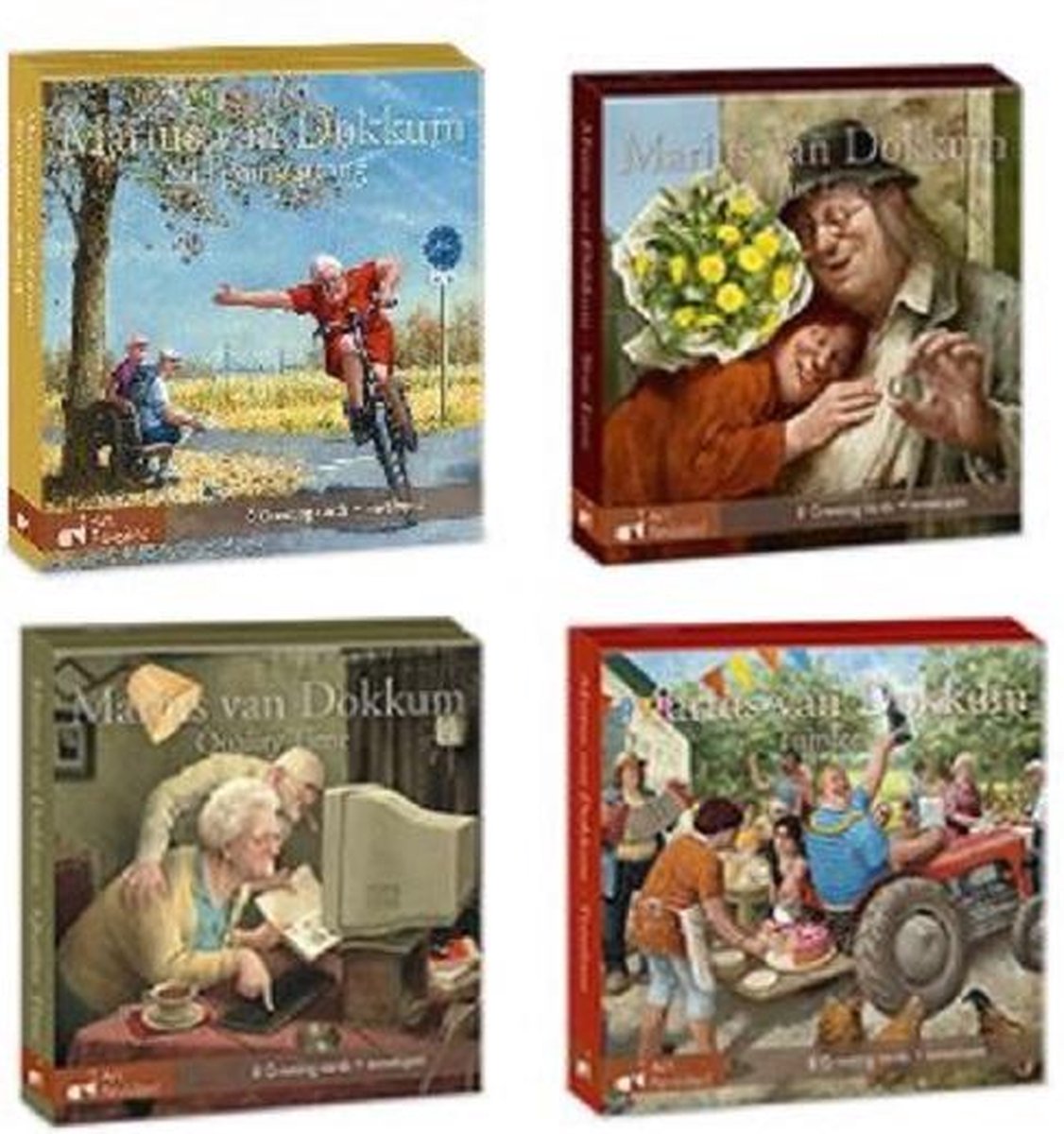 Marius van Dokkum. Set van 4 kaartenmapjes met dubbele wenskaarten Still going strong - Tuinfeest - True love - Quality time ( totaal 32 kaarten)