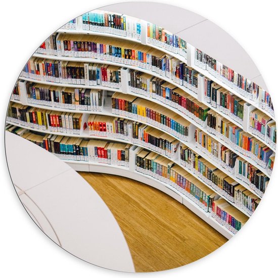 Dibond Wandcirkel - Boekenkast in Bibliotheek - 100x100cm Foto op Aluminium Wandcirkel (met ophangsysteem)
